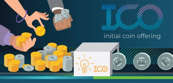 Počáteční nabídka mincí, Ico Token výrobní proces vektorové ilustrace. Prodeje žetonu výměnou za bitcoin, éterium. Ruce s bitcoinem a éterem. Spustilo to přeplněné financování. — Stockový vektor