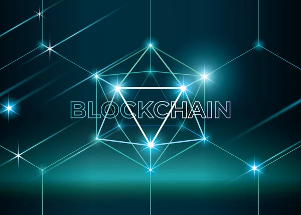 Slovní blockchain s nízkou polygonální koulí. 3D hexahedron se záři. Futuristický styl vektorové ilustrace. — Stockový vektor