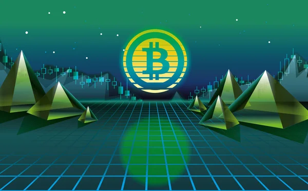 Ilustración vectorial Bitcoin. Bitcoin criptomoneda sobre fondo oscuro de neón 3D. Fondo de los 80. Espacio libre fotr texto . — Vector de stock