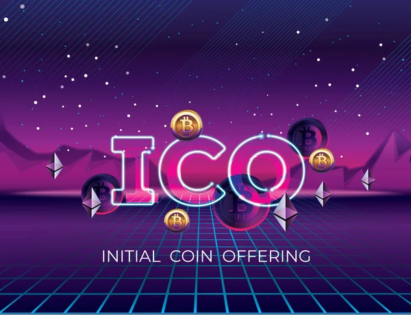 ICO - Offre initiale de pièces. Concept de jeton ICO. ICO dans le style 80. Jeton d'or sur l'interface utilisateur graphique virtuelle 3D. Monnaies crypto-monnaie volant dans le paysage numérique . — Image vectorielle