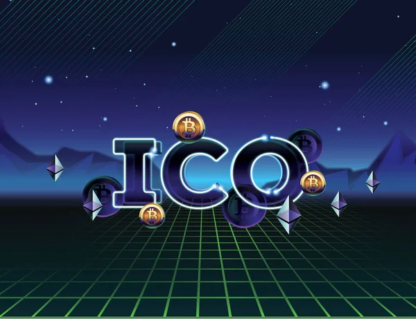 ICO - Offre initiale de pièces. Concept de jeton ICO. ICO dans le style 80. Jeton d'or sur l'interface utilisateur graphique virtuelle 3D. Monnaies crypto-monnaie volant dans le paysage numérique . — Image vectorielle