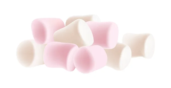 Marshmallow Set vorhanden. Haufen schmackhafter weißer und rosa Marshmallows isoliert auf weißem Hintergrund. Marshmallow Bonbons Hintergrund. — Stockvektor