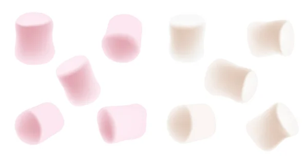 Marshmallow-set. Smaklig vit och rosa marshmallows isolerad på vit bakgrund. Marshmallow godis bakgrund. — Stock vektor