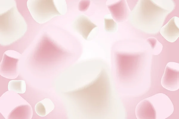 Branco e rosa marshmallows caindo. fundo de doces de marshmallow borrado . — Vetor de Stock