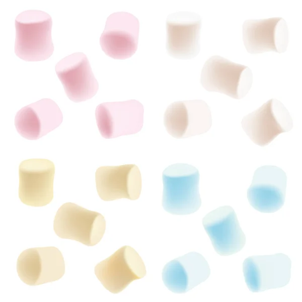 Lekkere kleur marshmallows geïsoleerd op witte achtergrond. Witte, roze, blauwe en gele marshmallow set. — Stockvector