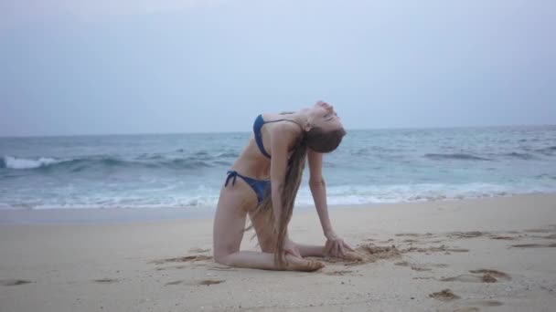 A beautiful girl in a bikini, trains, on the beach, Indian Ocean — Stock Video