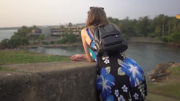 En flicka med långt hår, i klänning och ryggsäck, beundrar naturen — Stockvideo