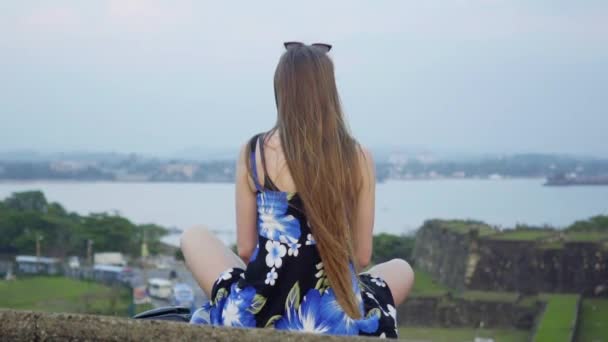 लांब केस असलेल्या सुंदर महिला, ड्रेसमध्ये, निसर्गाचे प्रशंसा करतात — स्टॉक व्हिडिओ