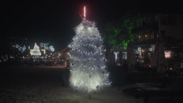 Srí Lanka, lidé a vánoční stromeček na pláži v noci, příprava na Vánoce — Stock video