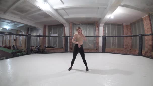 Beautiful woman with long hair in black clothes, dances a beautiful sexy dance in a octagon — Wideo stockowe