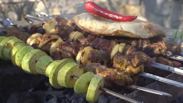 Muž vařit jídlo na ohni, zelenina, houby a maso, cukety a cibule, paprika a hovězí jsou smažené na ohni — Stock video