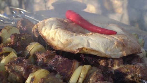 Lies pita bread and chili peppers on barbecue — Stock Video