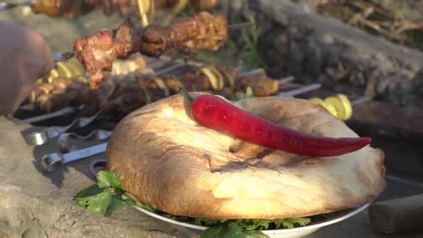 Mann kocht Essen auf einem Feuer, Gemüse und Fleisch werden auf einem Feuer gebraten Zucchini und Zwiebeln, kochen Kebab, in der Nähe Fladenbrot — Stockvideo