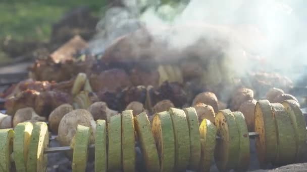 Los muchachos cocinan la comida en el fuego, hortalizas y la carne se fríen en el fuego, el calabacín y la cebolla, los pimientos y la carne de vaca, el pan de pita, el kebab de cocina — Vídeo de stock