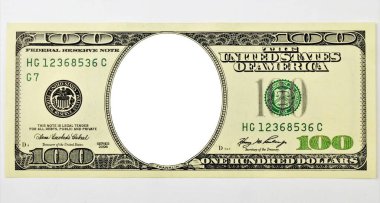 Yüz dolarlık Amerikan banknotu, portre yok, boş çerçeve, tasarım anteti.