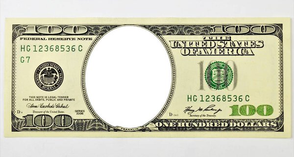 One- hundred-dollar American bill, no portrait, empty frame, letterhead for design.