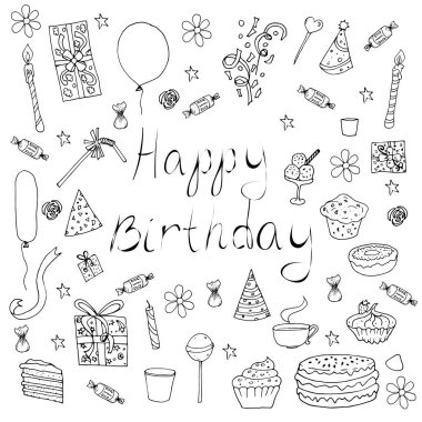 Doğum günü elementleri. Doğum günü pastası, balonlar, hediye ve şenlik nitelikleri ile el çizimi karalama seti.