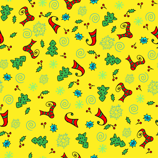 New year pattern for gift wrapping design. Christmas elements on a yellow background.