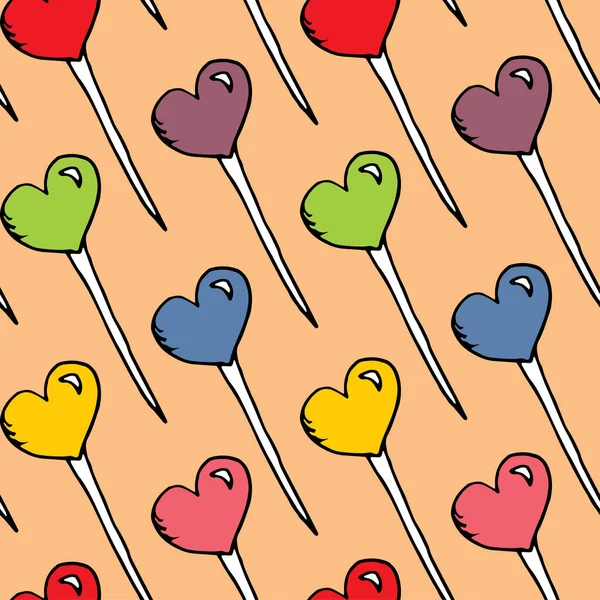 Şeker kalp desenli vektör. Lolipoplu kusursuz vektör deseni. Tekstil kumaş duvar kağıdı tasarımı paketleniyor.