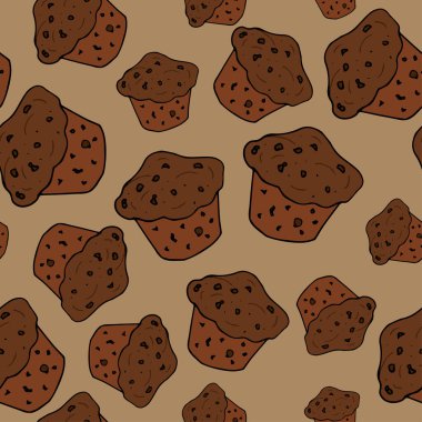 Kahverengi arkaplanda muffinleri olan kusursuz vektör deseni.