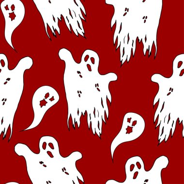 Cadılar Bayramı hayaleti siyah arka planda kusursuz desen. Tatlı cadılar bayramı hayalet şablonu. Cadılar Bayramı tema tasarımı vektör çizimi