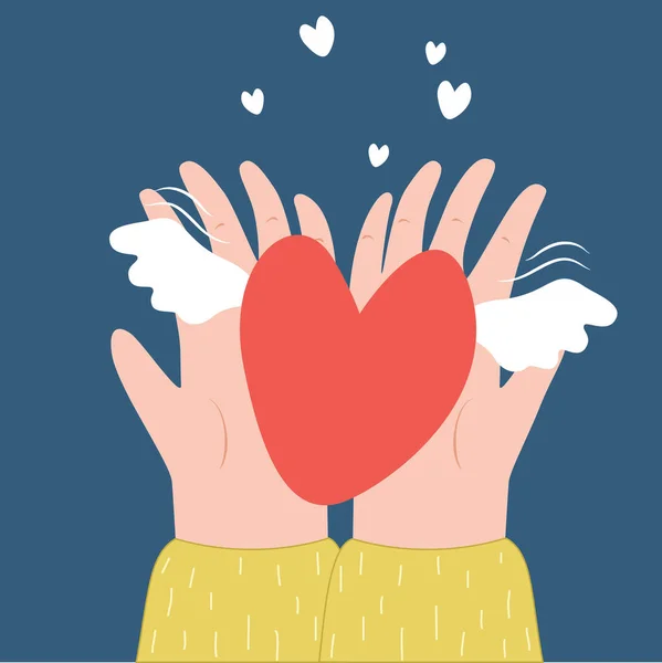 Ilustração vetorial de mãos segurando um coração com asas. — Vetor de Stock