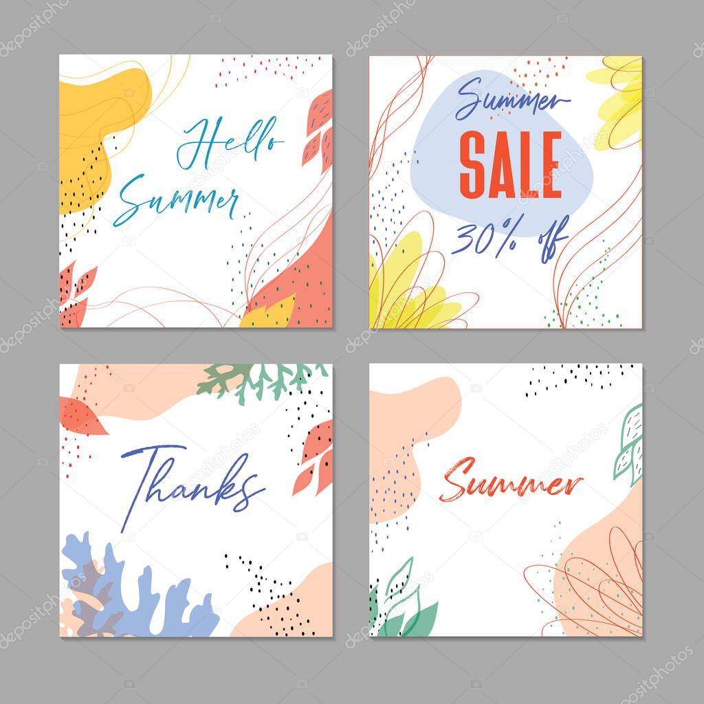 Trendy abstract square art templates .Good for social media posts, poster, card, thanks card, invitation, flyer, cover, banner, placard, brochure, internet ads and other graphic design. Summer design