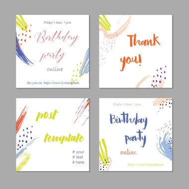 Son moda kartpostallar. Soyut tasarım. Online bir partiye davetiye. Modern blog şablonu. Kare kartlar ve teşekkür kartları. Doğum günü partisi sonrası.