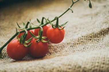 Keten kumaşta kırmızı kiraz domatesleri. Sebzeler. Aşçı şefi.