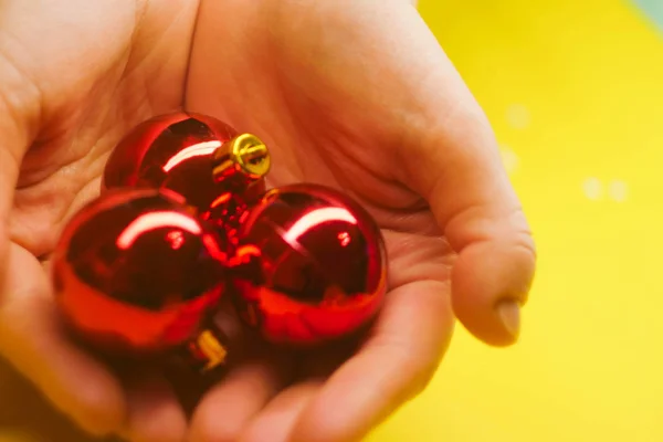 Close Hand Hold Christmas Balls Holiday Care Concept New Year — 图库照片