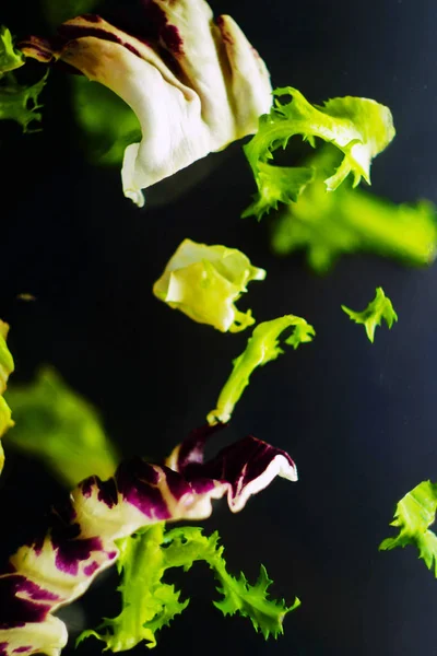 Salát Levituje Vzduchu Čerstvé Zdravé Jídlo Svislá Orientace — Stock fotografie