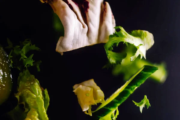 Salad levitate in air. Fresh healthy food. Vegetarian food. Plant meal