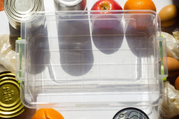 Food Box Donation Top View White Background Volunteering Meal Aid — Stock Photo, Image