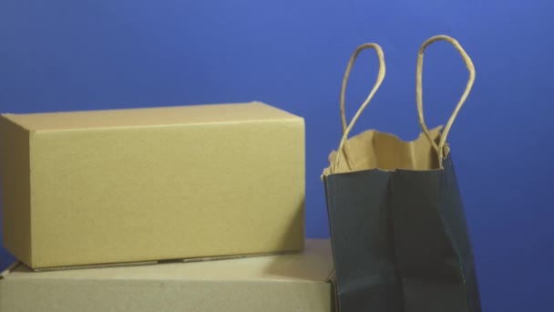 Dinero Cayendo Paquetes Concepto Compras Online Cajas Cartón Bolsa Papel — Vídeo de stock