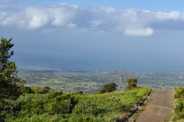 Ufkun ince bir çizgisiyle mavi gökyüzünden ayrılan mavi denize uzanan güzel bir sahil manzarası. Kabarık bulutların üzerinde asılı duran bir çizgi.