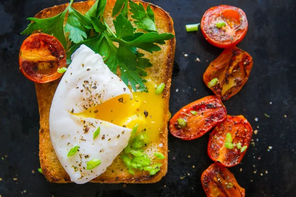 Ovo escalfado e tomates — Fotografia de Stock