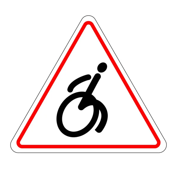 Señal de atención triangular con un usuario de silla de ruedas — Vector de stock