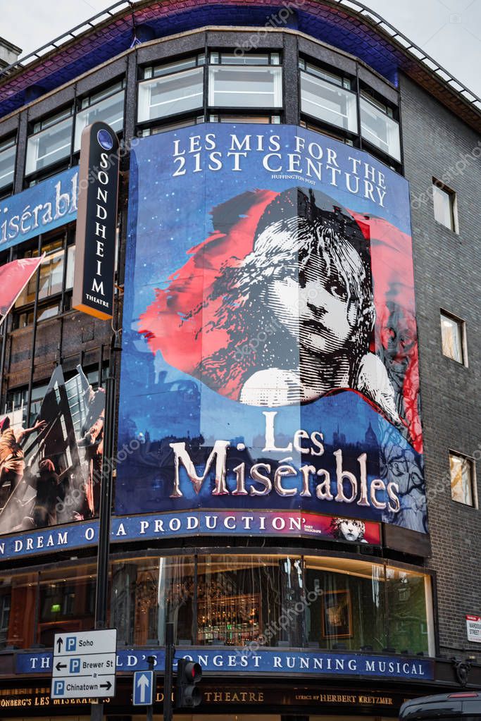 London, UK - Jan 16, 2020:  The front of the Sondheim Theatre hosting the musical Les Miserables