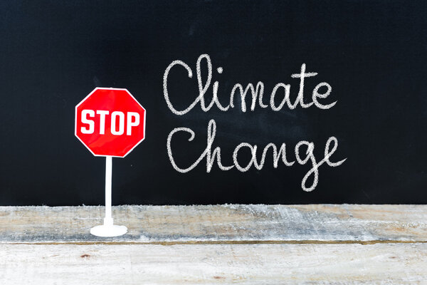STOP CLIMATE CHANGE message written on chalkboard