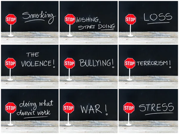 Collage fotografico di messaggi STOP scritti sulla lavagna — Foto Stock