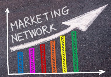 Renkli grafik ve yükselen ok üzerinde yazılı pazarlama ağı