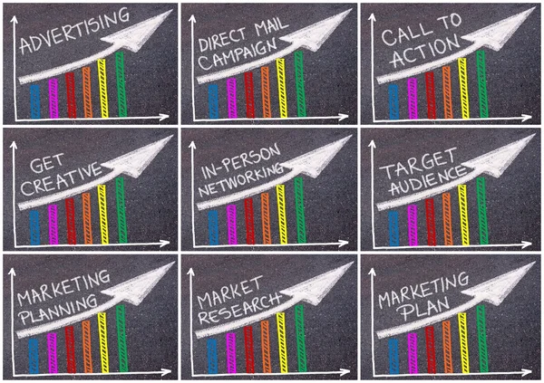 Collage de fotos de varios mensajes de negocios escritos sobre gráfico de colores y flecha ascendente — Foto de Stock