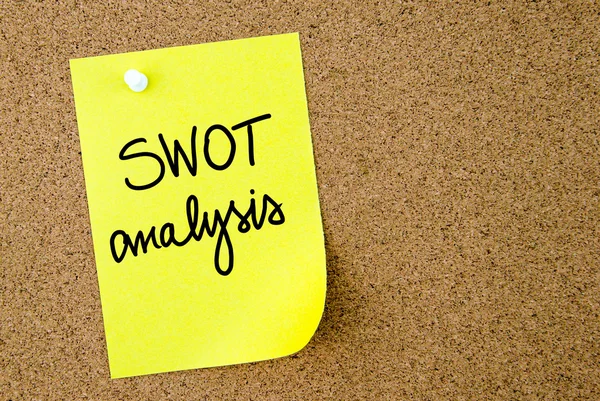 Tekst analizy SWOT napisany na żółtym papierze notatki — Zdjęcie stockowe