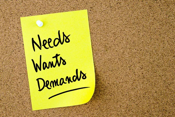 Necesidades, Deseos, Demandas texto escrito en papel amarillo — Foto de Stock