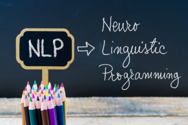 Ahşap mini tahta etiketlerüzerinde tebeşir ile yazılmış Business Acronym Nlp Neuro Linguistic Programming