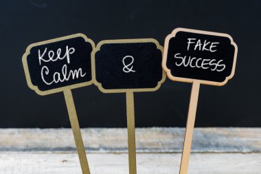 Mini tahta etiketleri üzerinde tebeşir ile yazılmış Sakin ve Sahte Başarı mesajı tutun