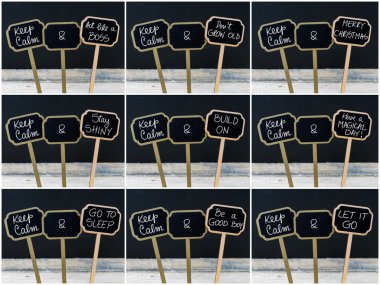 Mini tahta etiketleri üzerinde tebeşirle yazılmış Sakin olun mesajlarıfotoğraf kolaj