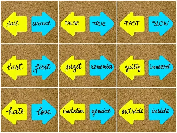 Antonym concepts written on opposite arrows — ストック写真