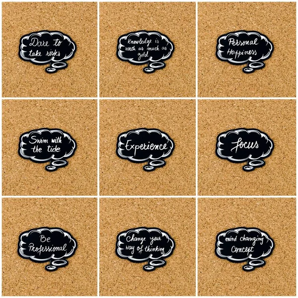 Κολάζ φωτογραφιών από διάφορες λέξεις γραμμένες σε μαύρη σκέψη φούσκα — Φωτογραφία Αρχείου