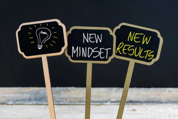 Concetto messaggio NUOVO MINDSET NUOVI RISULTATI e lampadina come simbolo di idea — Foto Stock